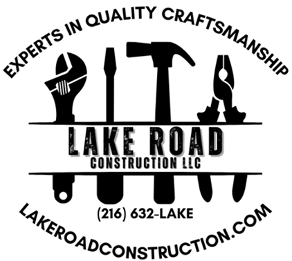 Logo for Lake Road Construction LLC featuring a wrench, screwdriver, hammer, pliers, and tape measure, with text: "Experts in Quality Craftsmanship" and "lakeroadconstruction.com".