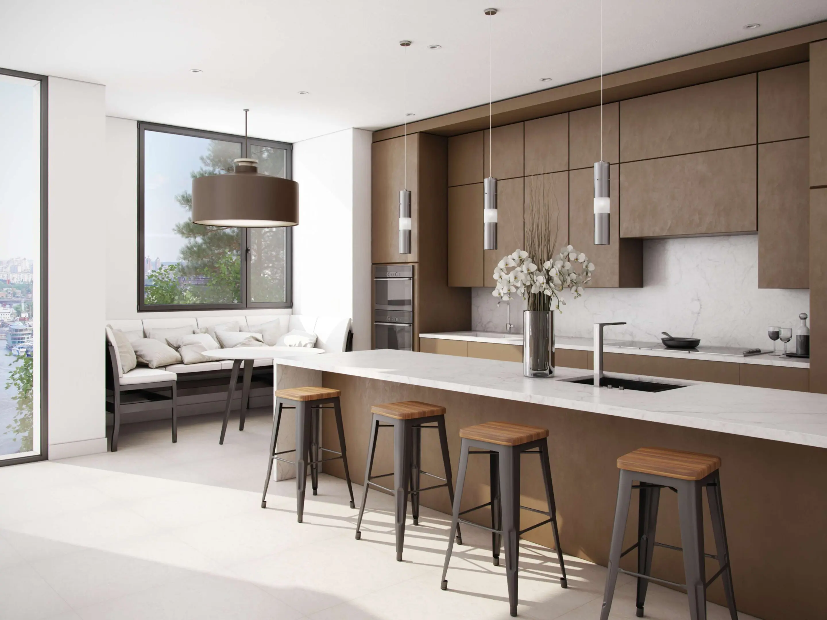 jpeg-optimizer_GettyImages-486539360 Modern kitchen with brown cabinets, a marble island, and four stools. A sofa sits by large windows, and pendant lights hang above the island.
