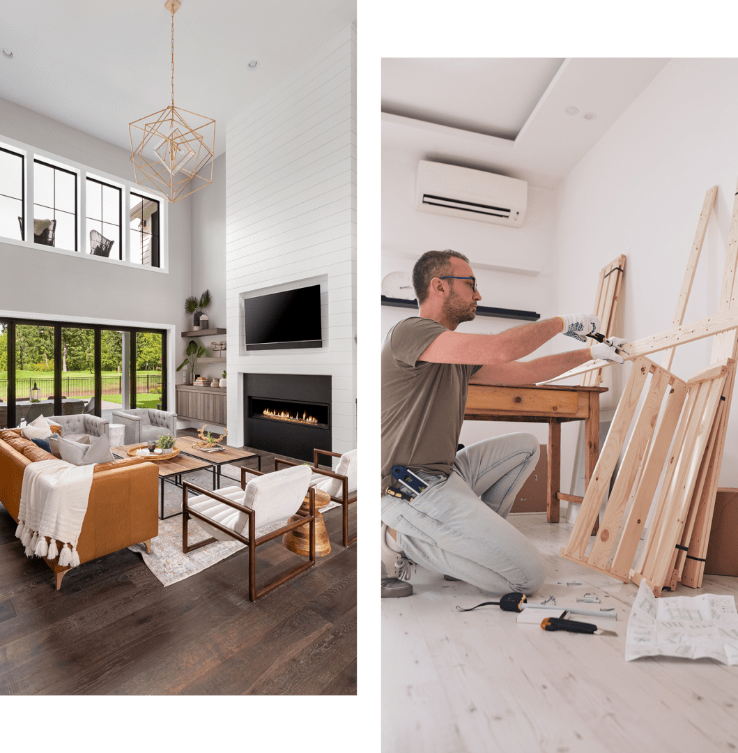 Group 1 Stylish living room with high ceilings and modern decor alongside a man assembling furniture in a workshop.