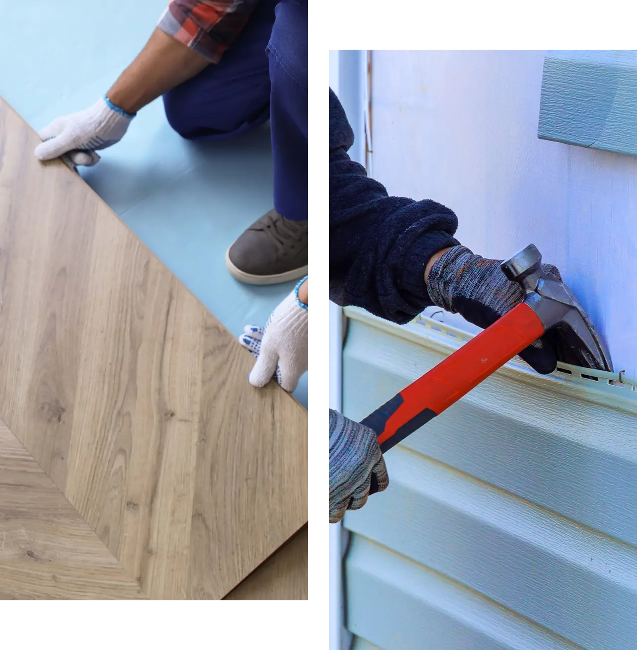 Group 1 A person installs wooden flooring on the left, while another person secures siding with a hammer on the right. Both wear gloves and workwear.