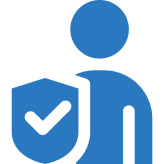Mask group Blue icon of a person standing next to a shield with a checkmark, symbolizing security or protection.